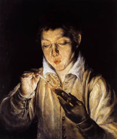 A Boy Blowing on an Ember to Light a Candle El Greco